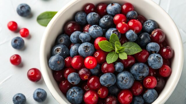 Bowl of Blueberries and Cranberries High-Angle Close-Up, Vibrant Colors, Healthy Food Concept, food photography, berries Blueberries, Cranberries