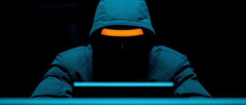 A mysterious figure in a dark room, illuminated by a bright screen. The person wears a hood, symbolizing secrecy and digital anonymity. Perfect for themes related to cybersecurity.