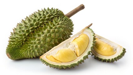 Fototapeta premium Durian Fruit Close-up Composition of Whole and Sliced Durian, Tropical Fruit Photography, White Background, Durian, Tropical Food Durian, Tropical Fruit