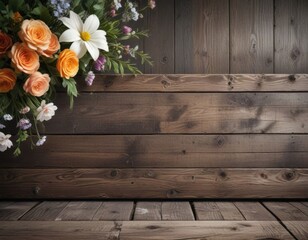 Grunge style banner with a distressed wood texture and flowers, distressed, outdoors, abstract