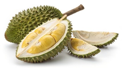 Obraz premium Durian Fruit Close-up of Whole and Cut Durian Showing Creamy Yellow Flesh, Spiky Exterior, Studio Shot, High-Resolution Image Durian, Tropical Fruit