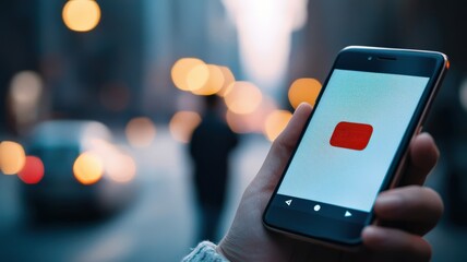 spam call phone security concept. A hand holding a smartphone displaying the YouTube logo in a cityscape with blurred lights in the background.