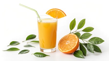 Fototapeta premium Glass of Orange Juice with Slice and Leaves, High-key Photography, Fresh Citrus Concept, orange juice, healthy drink
