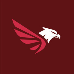 Minimalist red eagle logo with a sharp white head and dynamic red wings on a dark red background, representing power, focus, and motion.