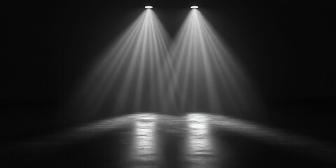 Dual spotlights illuminate a dark, reflective stage floor, creating dramatic effect Generated AI