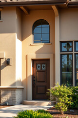 Fototapeta premium Elegant Home Exterior: Modern Architectural Design, Stunning Facade, and Landscaped Entrance. Discover the beauty of contemporary residential architecture.