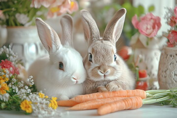Charming Easter Bunnies with Decorated Eggs and Spring Flowers in a Bright and Festive Indoor Setting