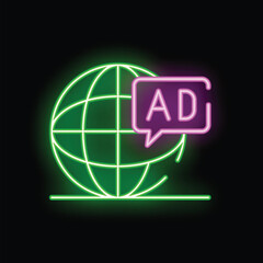 Glowing neon illustration of a green world globe with a purple chat bubble showing the text ad