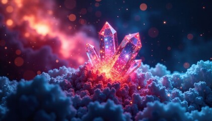 Fototapeta premium Holographic crystal formations in dark space, cosmic, neon, holographic