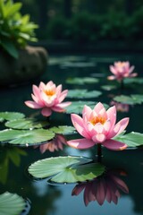 Delicate aquatic flowers floating in a tranquil pond, serene water, , aquatic flowers