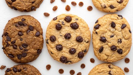 Overhead Flatlay of Chocolate Chip Cookies, White Background, Food Photography, Bakery,Dessert Cookies, Chocolate Chips