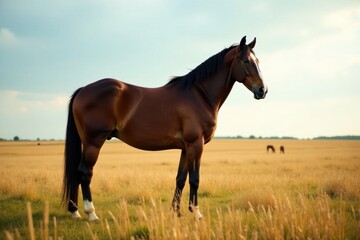 Fototapeta premium Horse standing alone in field, isolated figure, rural scene