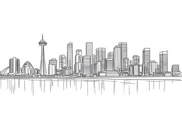 Fototapeta premium Outline illustration of a city skyline featuring skyscrapers and iconic landmarks