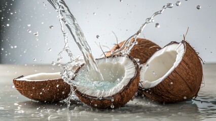 Refreshing Coconut Water Splash High-Speed Photography, Tropical Concept, Coconut Drink Coconut Water, Hydration