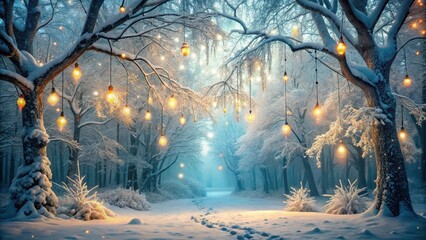 Frosty branches and snow-covered trees with twinkling fairy lights and sparkling icicles in a mystical forest surrounded by a thick layer of frost , enchanting scenery, mystic atmosphere