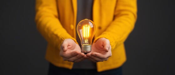 A person in a vibrant yellow jacket holds a glowing light bulb, symbolizing innovation and creativity. This image captures the essence of ideas and inspiration in a modern setting.