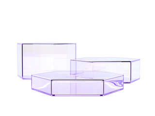 3d glass holographic transparent hexagon and rectangle box podium display with light dispersion png render. Crystal light purple gradient pedestal for cosmetic product, platform stand. 3D illustration