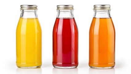 Three Glass Bottles of Juice Composition, Color Variation, Refreshing Drinks, Beverage Photography juice, beverage