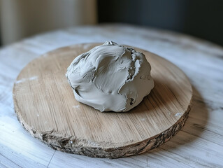 Plain grey air dry clay on wooden circular board
