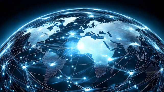 Global network connections, world map, digital technology, dark background, website banner