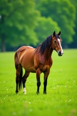 Fototapeta premium Mare stands alone in green meadow, horse, grass landscape
