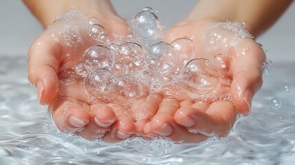 Fototapeta premium Close-up of hands holding bubbles in clear water, creating a serene and refreshing atmosphere