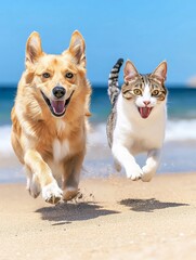 Joyful Dog and Cat Beach Run - A golden dog and tabby cat joyfully run side-by-side along a sandy beach, symbolizing friendship, freedom, playfulness, summer fun, and animal companionship.