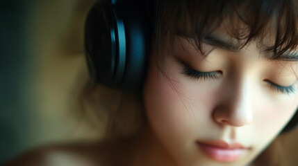 Young woman wearing large headphones, listening intently with closed eyes, experiencing musical serenity and inner calm