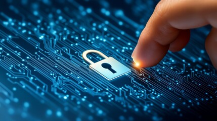 Cybersecurity and data protection, finger activating padlock on circuit board symbolizing digital security measures