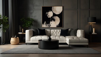 Asthetic composition of living room interior with modular sofa, black coffee table, white armchair, carpet, pouf, dark wall and personal accessories. Home decor. Template