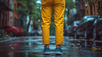 Person in vibrant yellow pants stands on a rainy street, showcasing a stylish and modern urban look
