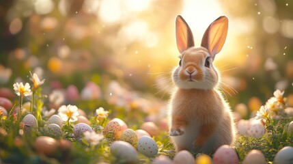 A heartwarming Easter Bunny holding hands with kids as they explore a decorated trail filled with eggs and spring flowers