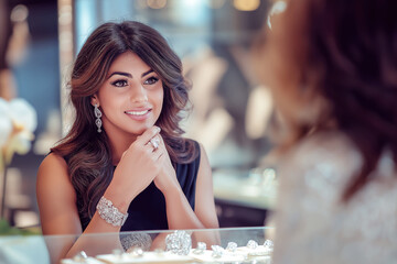 Fototapeta premium Attentive jewelry consultant helping a customer try on a diamond ring, elegant decor with soft lighting enhancing the scene.