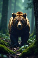 Fototapeta premium Grizzled bear emerging from forest darkness, bear, night, wilderness