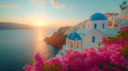 Naklejka premium A highly detailed photography capturing the iconic whitewashed buildings of Santorini, accented by vibrant blue domes and cascading bougainvillea overlooking the Aegean Sea.
