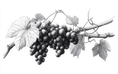 Obraz premium A monochrome vector illustration of grape clusters intertwined with twisting vines and delicate tendrils