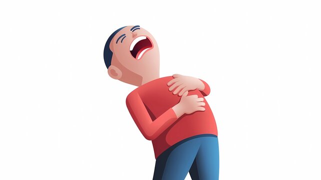 Cartoon character in pain, holding stomach while laughing on white background