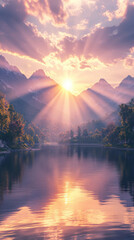 Golden Hour Serenity: A breathtaking panorama of a mountain lake at sunrise, with golden light filtering through the clouds and illuminating the tranquil water.
