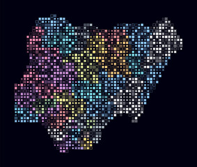 Fototapeta premium Nigeria, shape of the country built of colored cells. Digital style map of Nigeria on a dark background. Small size square blocks. Stylish vector illustration.