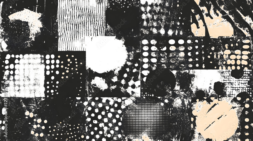 Poster captivating abstract art composition with stylized shapes, textures and contrasting tones