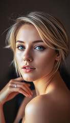 Close-up portrait of a young woman with short blonde hair, artistic lighting emphasizing natural beauty.