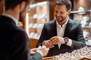 Professional jewelry consultant showing a high-end watch collection to a client, well-lit and luxurious store interior.