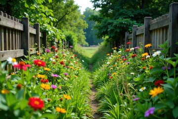 Obraz premium Overgrown garden with wildflowers and weeds, surrounded by old wooden fences, grunge, garden, weeds