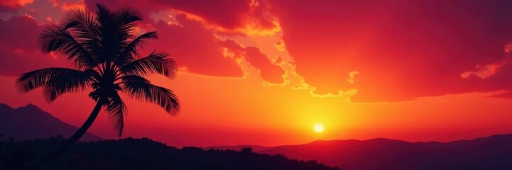 Fototapeta premium Palm tree silhouette against sunset, sandy shore, palm tree, tropical sunset