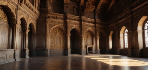 Fototapeta premium Majestic castle interior with intricate carvings and golden patterns, grand, ornate, carvings