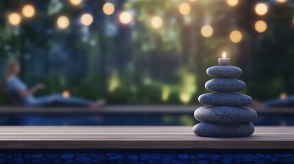 Obraz premium Tranquil Stone Stack with Candle Near Swimming Pool