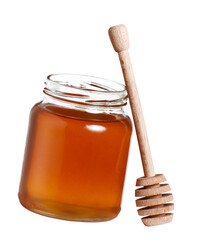 jar of honey with wooden dipper isolated on transparent layered background.