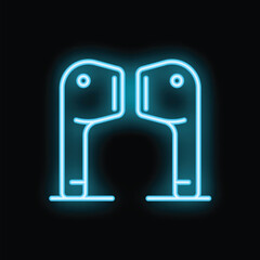 Blue neon sign depicting a pair of wireless earbuds on a black background