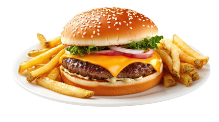 A Burger with Melted Cheese and Fresh Toppings, Surrounded by Perfectly Salted Fries on a White Plate.