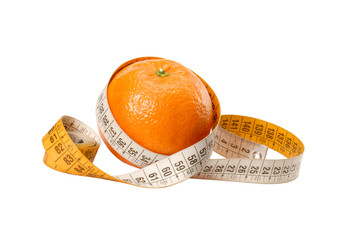 orange fruit with measuring tape isolated on transparent layered background.